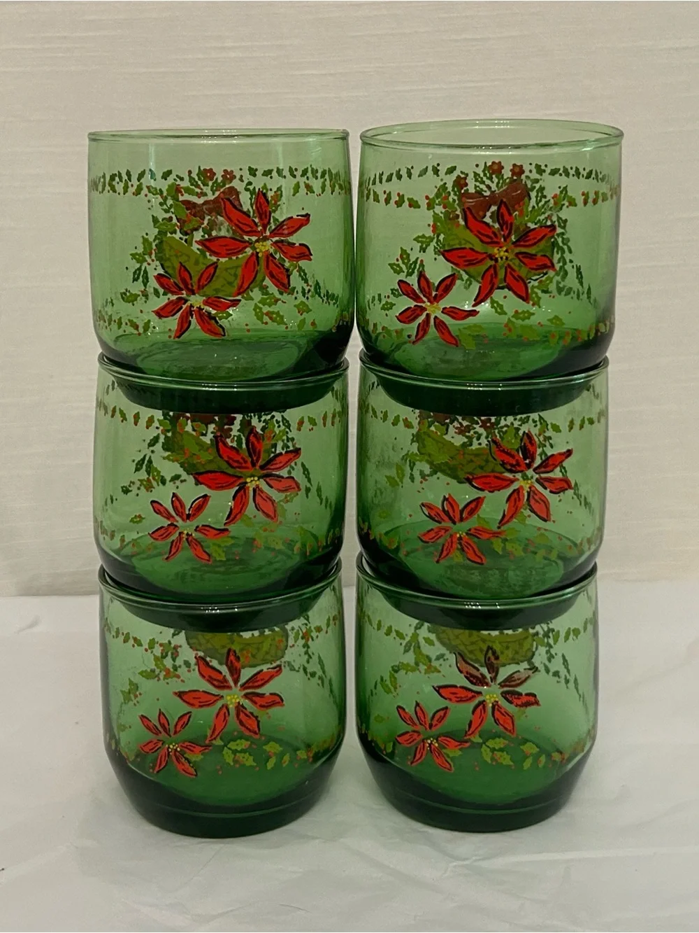 Vintage Green Glass Tumblers with Red Floral and Basket Motif - Set of‎ 6